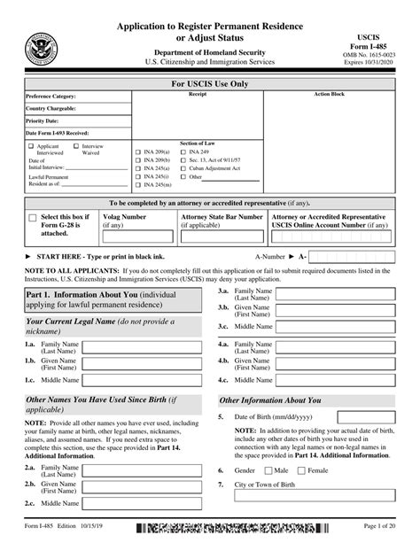 Uscis Form I 485 Download Fillable Pdf Or Fill Online Application To