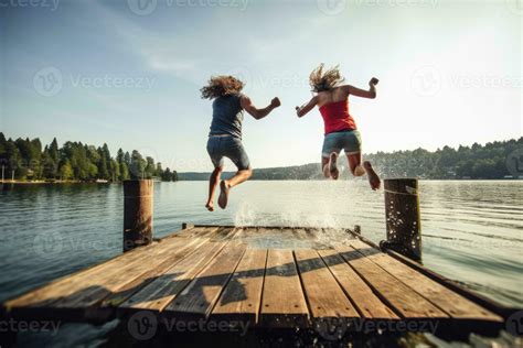 Young couple jumping from dock into the water. Generative AI 23996877 ...