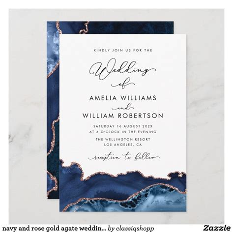 Navy And Rose Gold Agate Wedding Invitation Zazzle Agate Wedding