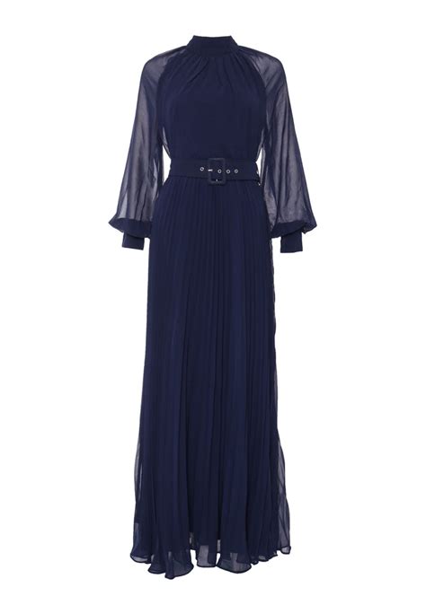 Mabel Navy Belted Pleated Long Sleeve Maxi Dress 6 True Decadence