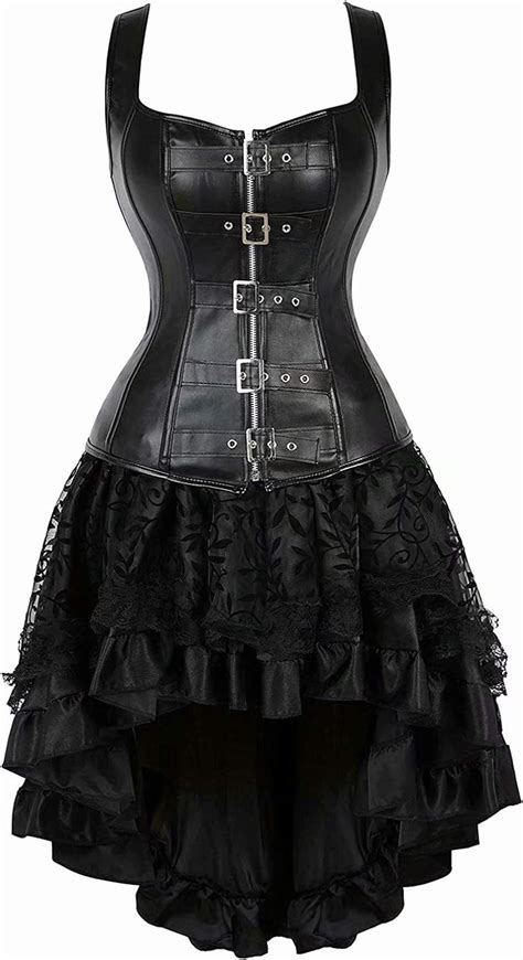 Jutrisujo Corset Cuir Jupe Robe Set Bustier Femme Sexy Top Gothique