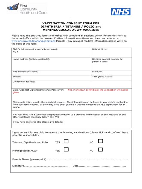 UK NHS Vaccination Consent Form For Diphtheria Tetanus Polio And