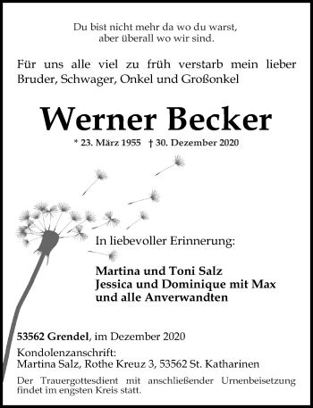 Traueranzeigen Von Werner Becker Rz Trauer De