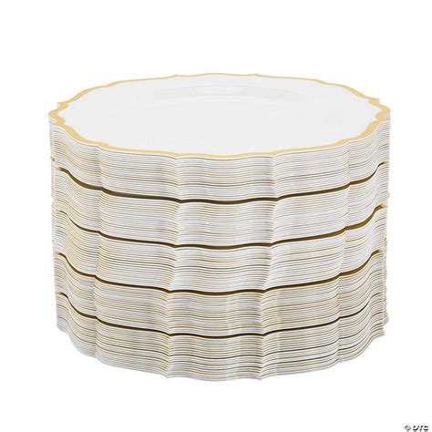 Bulk Premium White Plastic Dinner Plates With Ornate Gold Trim 72 Pc