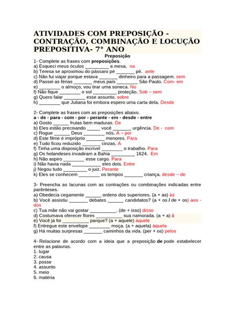 Atividades Com Preposição Com Gabarito - Atividades de Preposição para 7º Ano | PDF