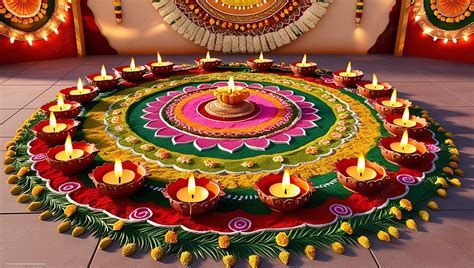 Diwali Candles Diya With Colorful Rangoli Happy Deepavali Background ...