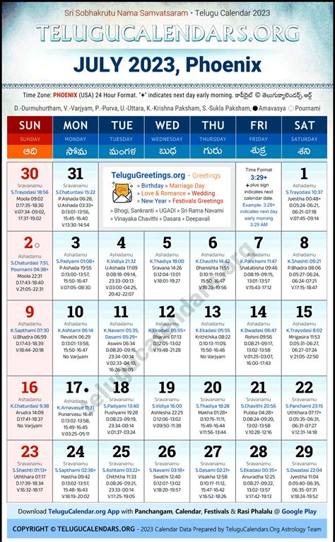 Phoenix 2023 July Telugu Calendar Festivals & Holidays in English PDF ...