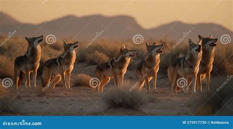 A Pack of Coyotes Howling in the Desert at Dusk, Concept of Wilderness ...