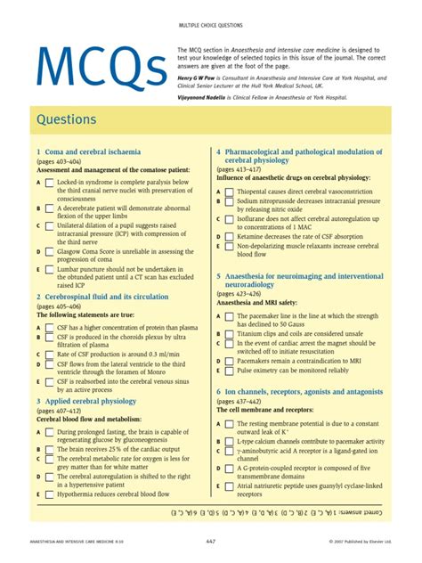 Mcqs 2007 Anaesthesia Intensive Care Medicine50 Pdf Coma Cerebrospinal Fluid