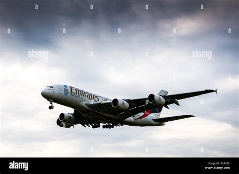 Emirates A380 Aircraft Landing At Heathrow Stock Photo Alamy