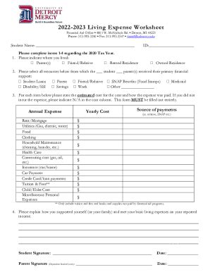 Fillable Online Living Expense Worksheet University Of Detroit Mercy