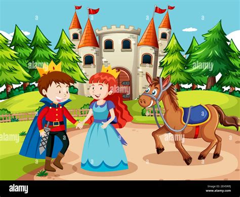 Scene With Prince And Princess At The Castle Illustration Stock Vector Image And Art Alamy