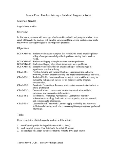 Lesson Plan Problem Solving Build And Program A Materials Needed Overview