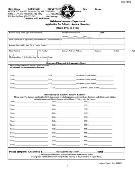 Fillable Application For Adjuster Agency Licensing Oklahoma Insurance