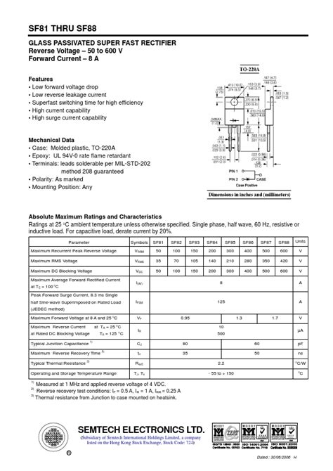 SF81 Datasheet GLASS PASSIVATED SUPER FAST RECTIFIER