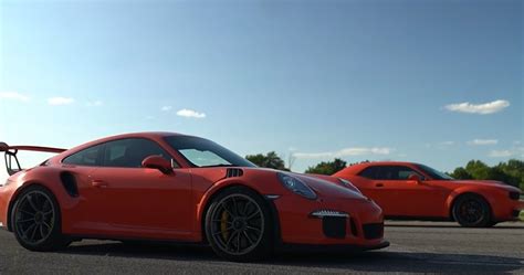 Watch This Drag Race Between A Dodge Challenger Hellcat And Porsche 911 Gt3 Rs