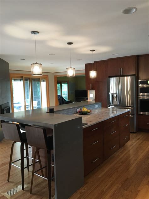 Neat Kitchen Island With Raised Bar Grey Cabinets Butcher Block Counter