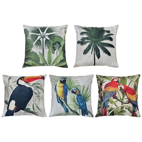 Kit 5 Capas Almofadas Linho Aves Arara Tucano Natureza 45x45