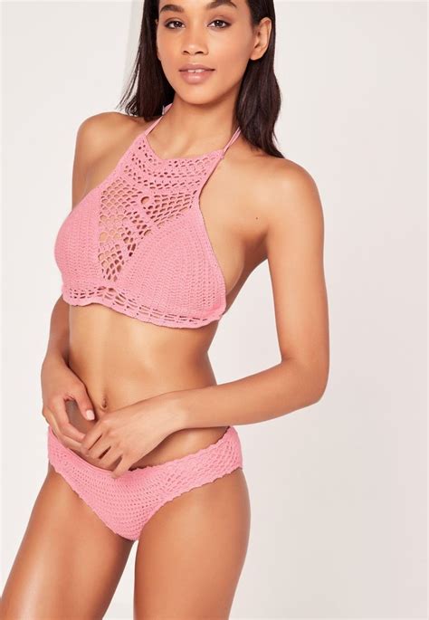 Missguided Halter Crochet Bikini Pink Crochet Bikini Bikinis