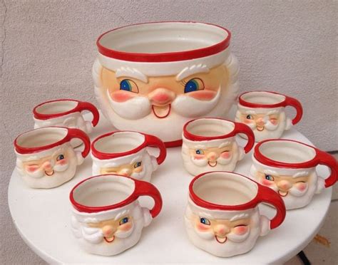 Vintage Holt Howard Santa Punch Bowl 8 Winking Santa Mugs Set Vintage