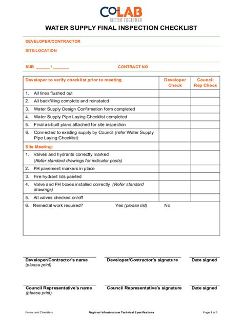 Fillable Online Water Supply Final Inspection Checklist Co Lab Fax