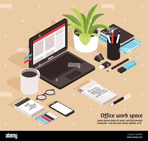 Office Workspace Isometric Business Design Concept With Notebook