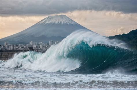 Big Tsunami Wave Hit Coast of Japan - Cataclysm Storm Destroying Asian City with Flood Stock ...