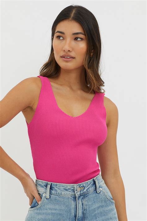 Shop The Off Duty V Neck Ribbed Knit Top Hot Pink Selfie Leslie Australia