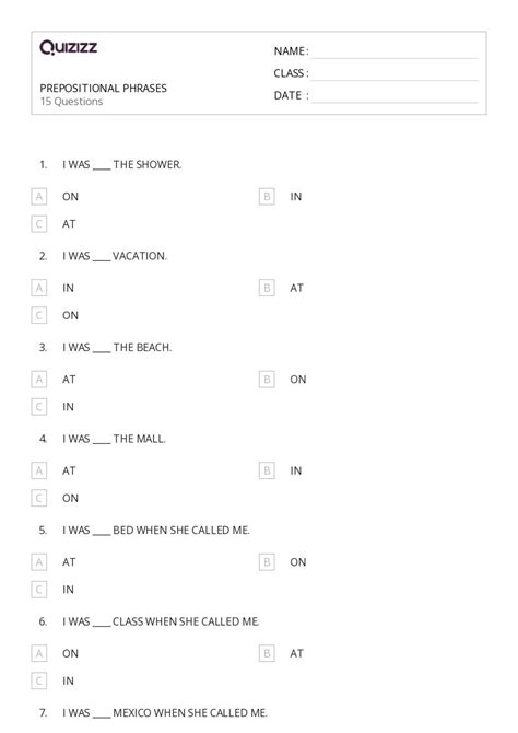 Prepositional Phrases Worksheets For St Year On Quizizz Free