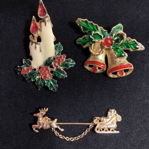 3 Christmas Holiday Brooch Pin Enamel Bell Candle Santa Sleigh Reindeer