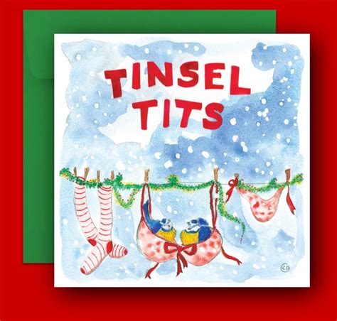 Christmas Cards TINSEL TITS Festive Birds Nestling In An Ample Brassiere Looking Most