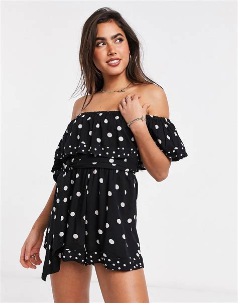 Beach Playsuit Bardot River Island Puffed Puff Sleeve Asos Polka