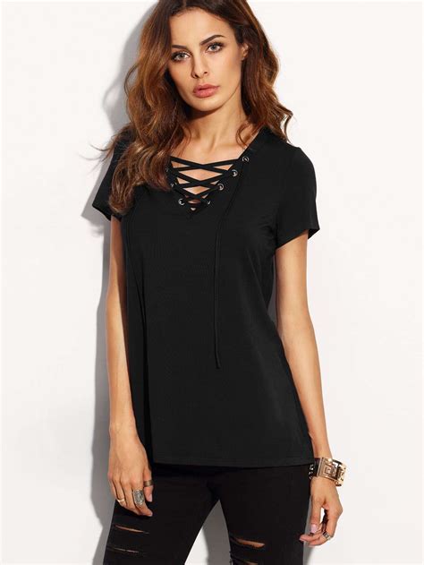 Lace Up V Neck T Shirt SheIn Sheinside