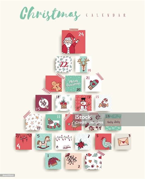 Christmas Advent Calendar Cute Cartoon Holiday Art Stock Illustration