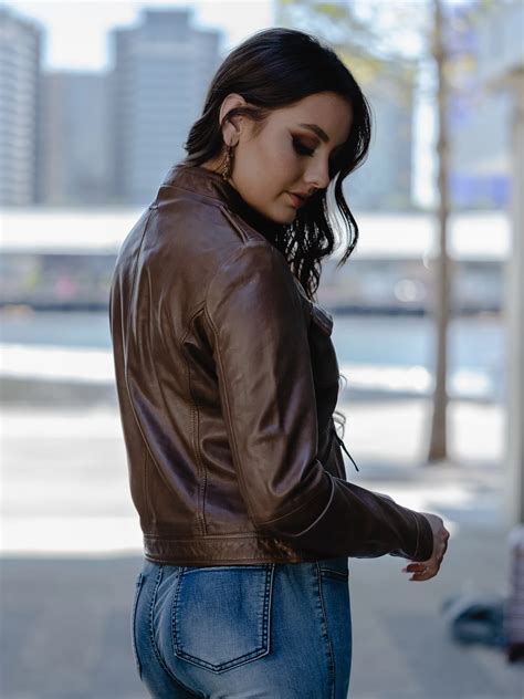 Dark Brown Leather Jacket Womens Band Collar