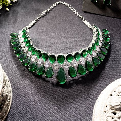 Buy Niscka Rhodium Plated Green And White American Diamond Chokar