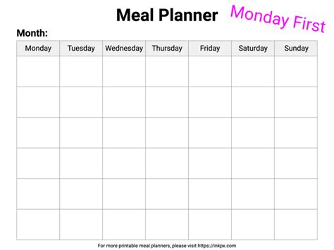 Free Printable Minimalist Style Monthly Meal Planner Monday Start · Inkpx