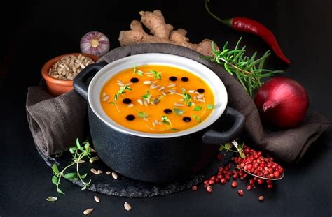 Premium Photo Spicy Pumpkin Creme Soup Served In Ceramic Pan