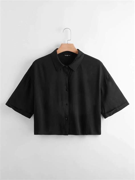 Plus Solid Button Up Blouse Black Button Shirt Easy Trendy Outfits Tomboy Style Outfits