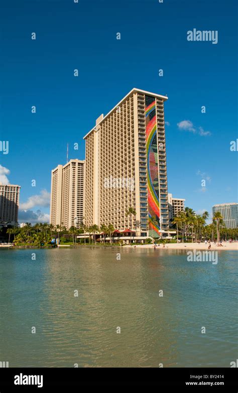 Honolulu Hawaii Lake And Skyline Of Famous Rainbow Tower Of Hilton