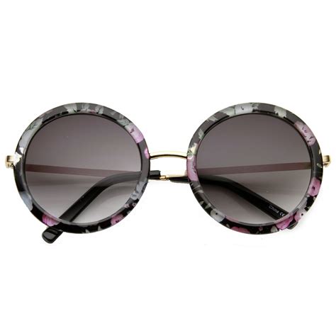 Womens Hippie Flower Floral Print Round Sunglasses Zerouv