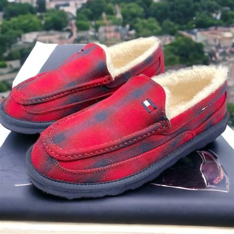 Tommy Hilfiger Shoes Tommy Hilfiger Mens Comfort Faux Fur Lined Mocassin Slipper Plaid Red