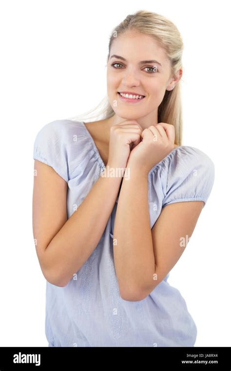 Cute Blonde Woman Smiling At Camera Stock Photo Alamy