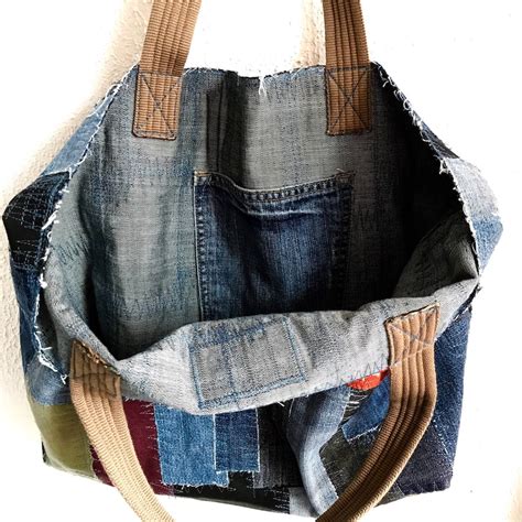 Denim Patchwork Bag Xl Shopping Big Boro Shopper Market Bag Repurposed