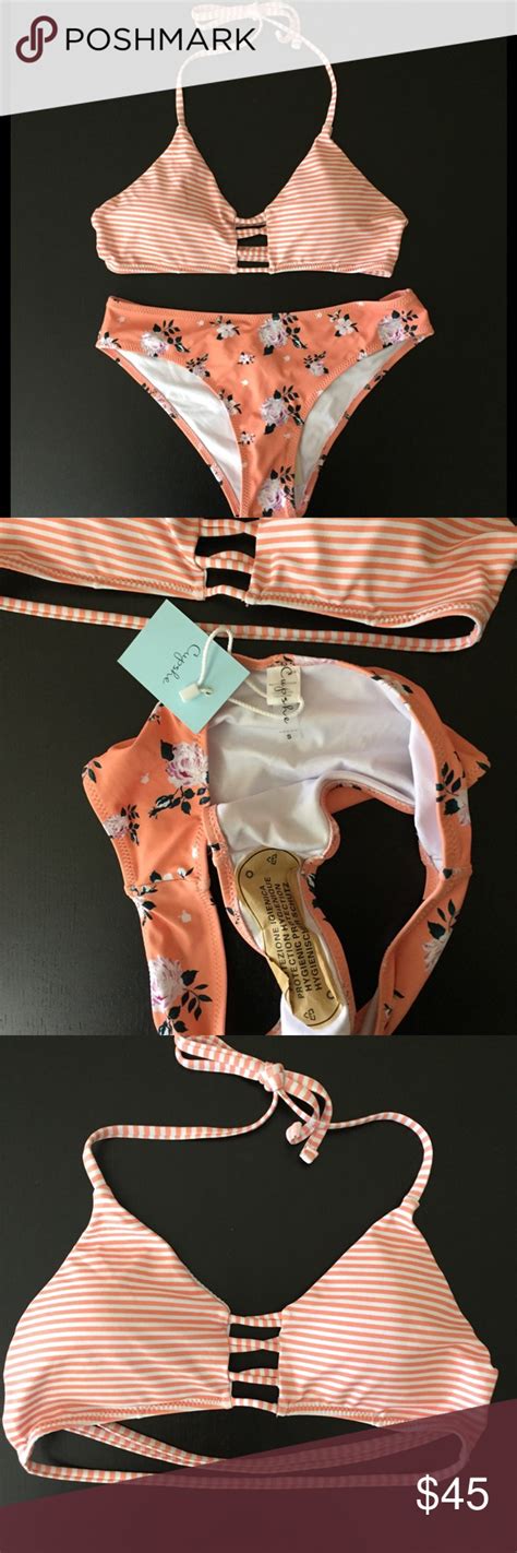 Cupshe Small Orange Stripe Floral Bikini Swimsuit Floral Bikini