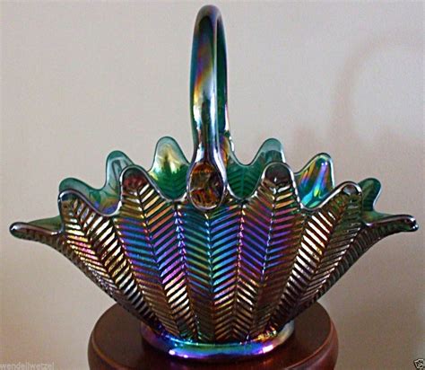 Huge Vintage L E Smith Teal Carnival Glass Feather Pattern Basket Carnival Glass Carnival