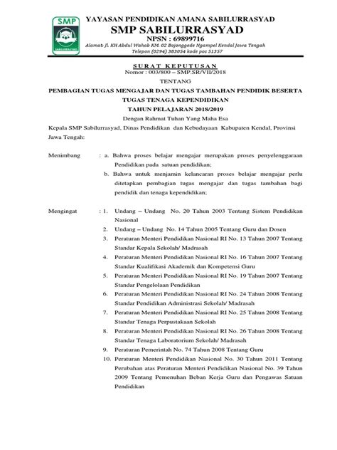 Sk Pembagian Tugas Smp 2 Juli 2018 Pdf