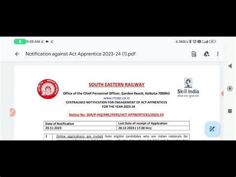 Indian Railway SER RRC Kolkata Act Apprentices Notification 2023 2024