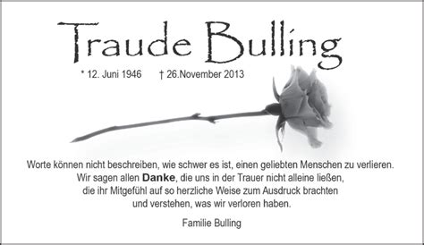 Traueranzeigen Von Traude Bulling Zeit Des Gedenkens De