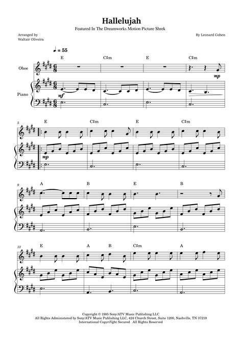 Hallelujah Arr Walt Oliver By Leonard Cohen Sheet Music For Oboe And